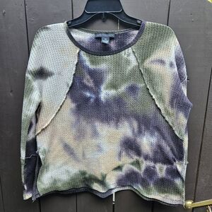 Joan Vass size XS tie-dye purple/camo green/tan thermal long sleeve shirt.